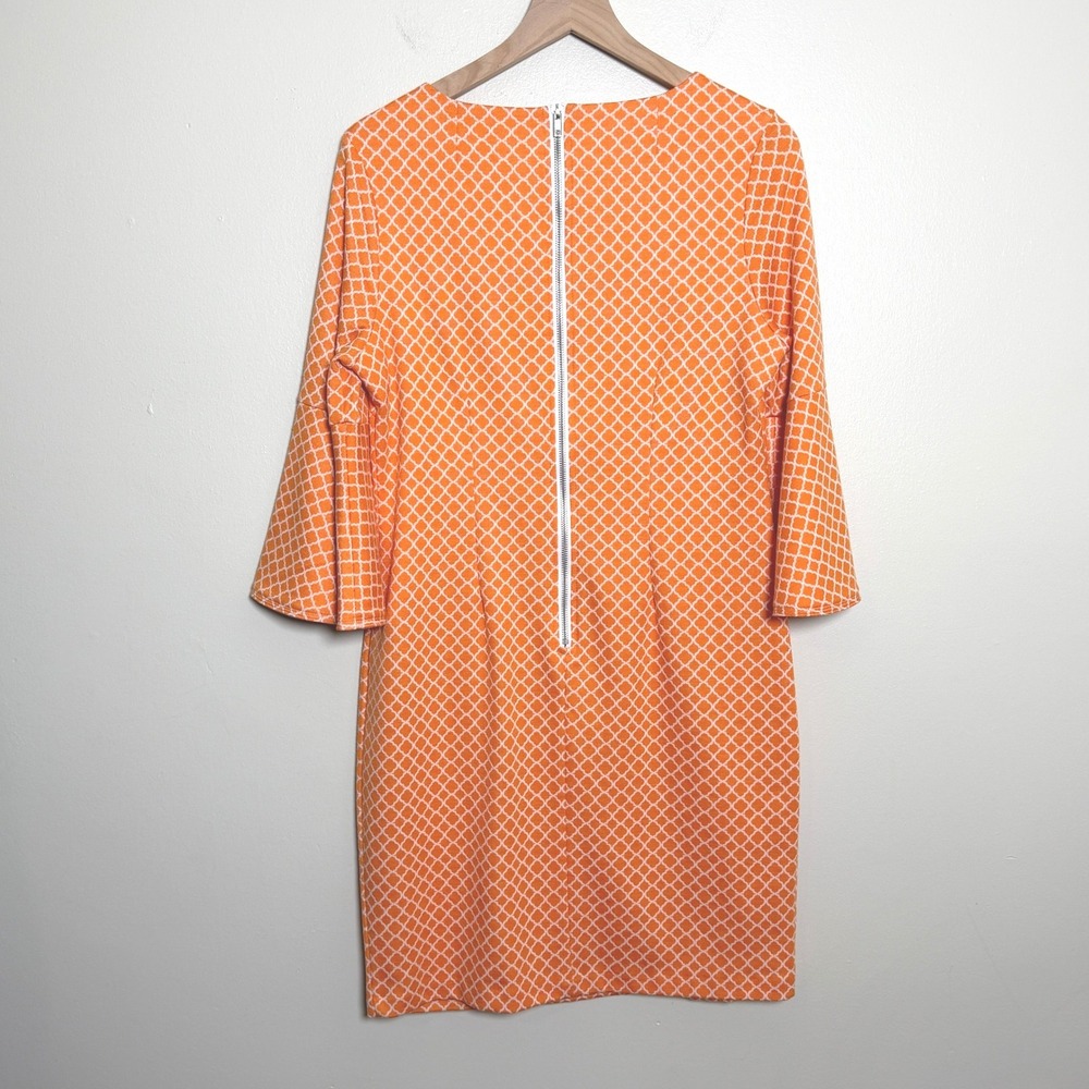 Tyler Boe Orange White Geometric Lattice Bell Sleeve Shift Dress Large 60s Retro - Picture 2 of 9